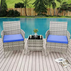 Ensemble de mobilier de terrasse extérieur de 3 pièces, fauteuils en osier de résine tressée PE avec coussins et table basse en verre trempé pour jardin, véranda ou bord de piscine