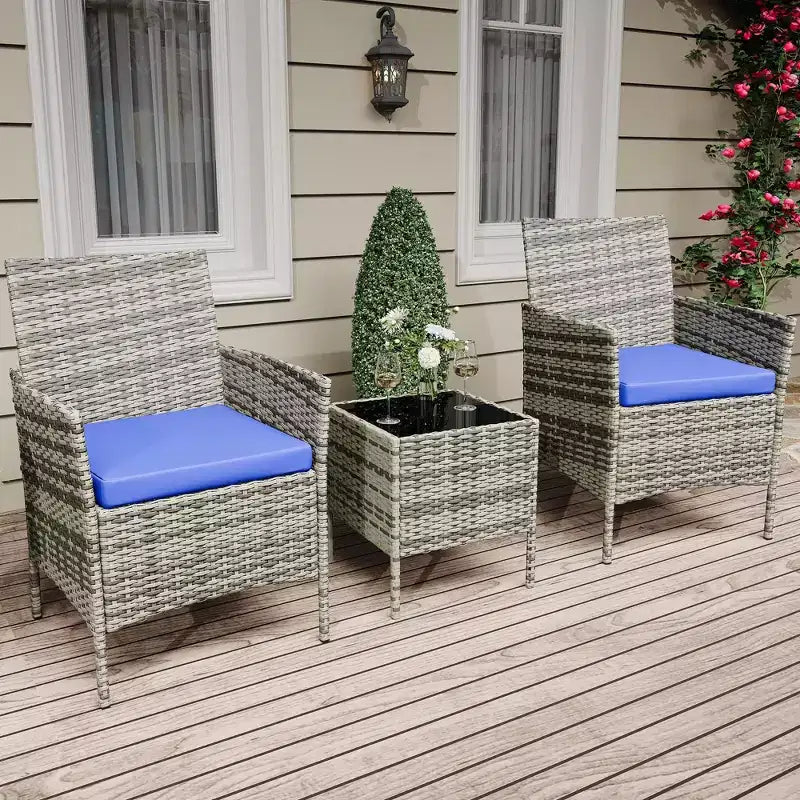 Ensemble de mobilier de terrasse extérieur de 3 pièces, fauteuils en osier de résine tressée PE avec coussins et table basse en verre trempé pour jardin, véranda ou bord de piscine