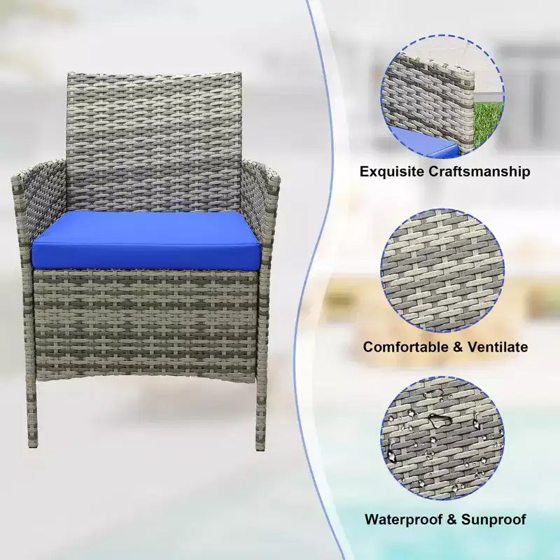 Ensemble de mobilier de terrasse extérieur de 3 pièces, fauteuils en osier de résine tressée PE avec coussins et table basse en verre trempé pour jardin, véranda ou bord de piscine