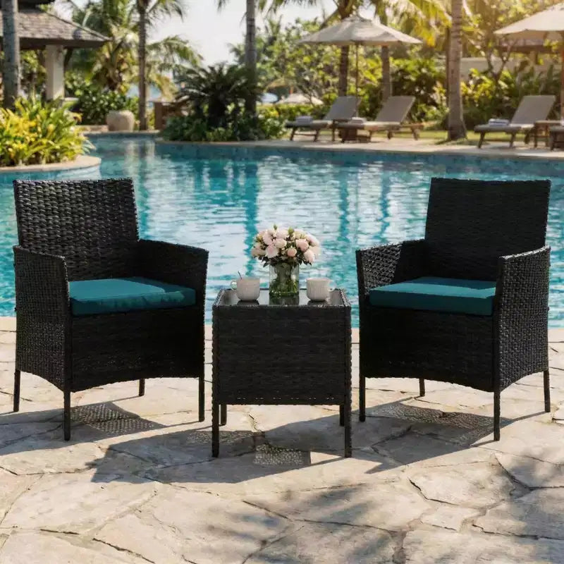 Ensemble de mobilier de terrasse extérieur de 3 pièces, fauteuils en osier de résine tressée PE avec coussins et table basse en verre trempé pour jardin, véranda ou bord de piscine