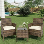 Ensemble de mobilier de terrasse extérieur de 3 pièces, fauteuils en osier de résine tressée PE avec coussins et table basse en verre trempé pour jardin, véranda ou bord de piscine