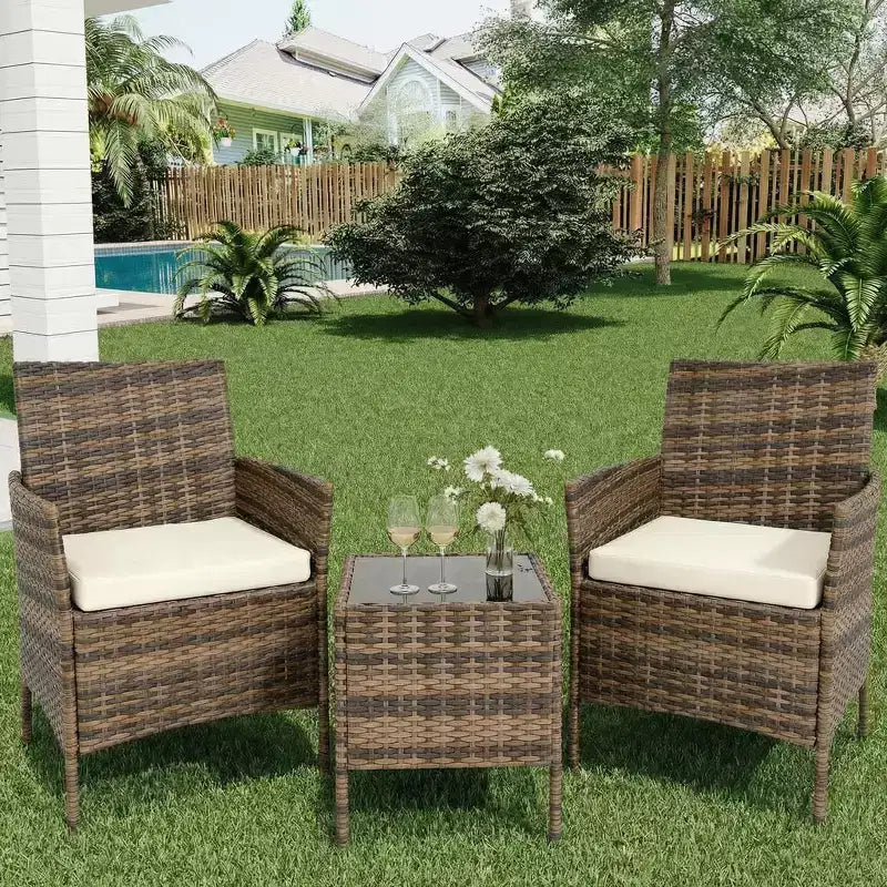 Ensemble de mobilier de terrasse extérieur de 3 pièces, fauteuils en osier de résine tressée PE avec coussins et table basse en verre trempé pour jardin, véranda ou bord de piscine