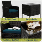 Ensemble de mobilier de terrasse extérieur de 3 pièces, fauteuils en osier de résine tressée PE avec coussins et table basse en verre trempé pour jardin, véranda ou bord de piscine