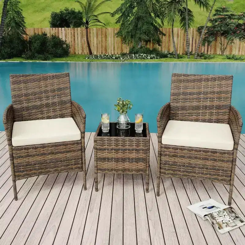 3-Piece Outdoor Patio Furniture Set, PE Rattan Wicker Chairs with Cushions and Tempered Glass Coffee Table for Backyard Porch Garden Poolside