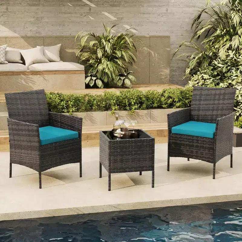 Ensemble de mobilier de terrasse extérieur de 3 pièces, fauteuils en osier de résine tressée PE avec coussins et table basse en verre trempé pour jardin, véranda ou bord de piscine