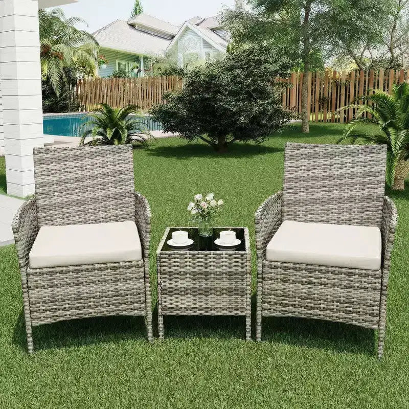 Ensemble de mobilier de terrasse extérieur de 3 pièces, fauteuils en osier de résine tressée PE avec coussins et table basse en verre trempé pour jardin, véranda ou bord de piscine