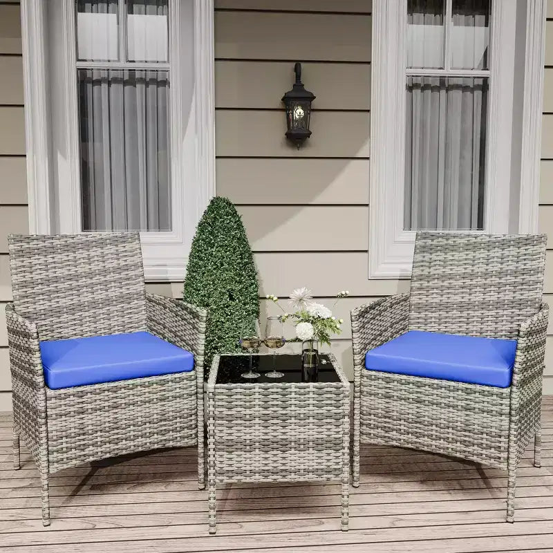 Ensemble de mobilier de terrasse extérieur de 3 pièces, fauteuils en osier de résine tressée PE avec coussins et table basse en verre trempé pour jardin, véranda ou bord de piscine
