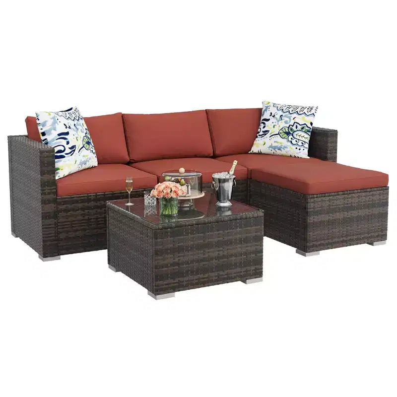 GustoWave 5-Piece Outdoor Conversation Set, L-Shape Rattan Sofa With Glass Table And Accent Pillows