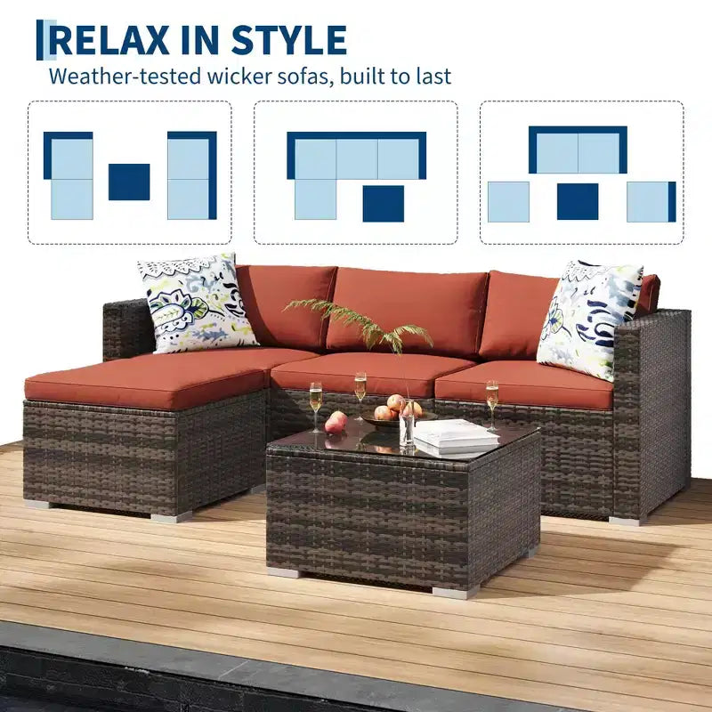 GustoWave 5-teiliges Outdoor-Lounge-Set, Rattan-Ecksofa in L-Form mit Glastisch und Dekokissen