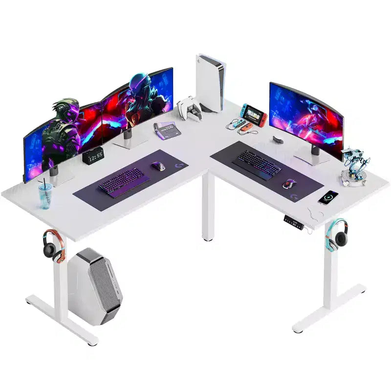 63" L-Shaped Electric Standing Desk with Charging Station, Hooks & Height Adjustment for Home Office