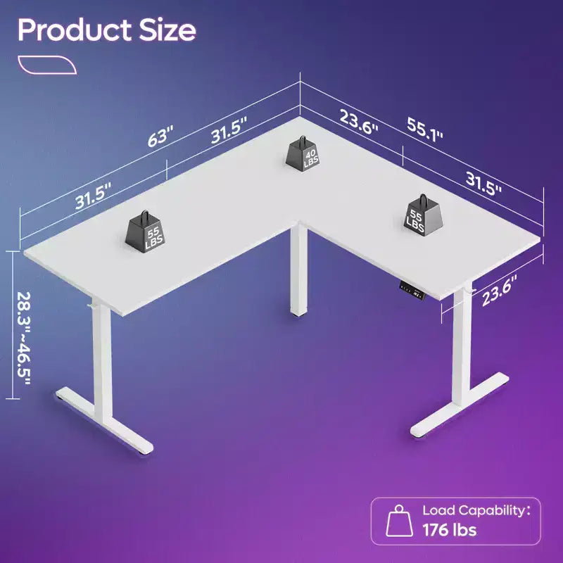 63" L-Shaped Electric Standing Desk with Charging Station, Hooks & Height Adjustment for Home Office