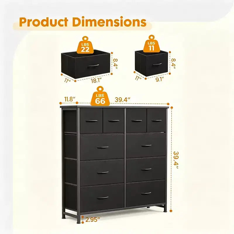 10-Drawer Storage Cabinet with Metal Frame and Adjustable Feet, Black