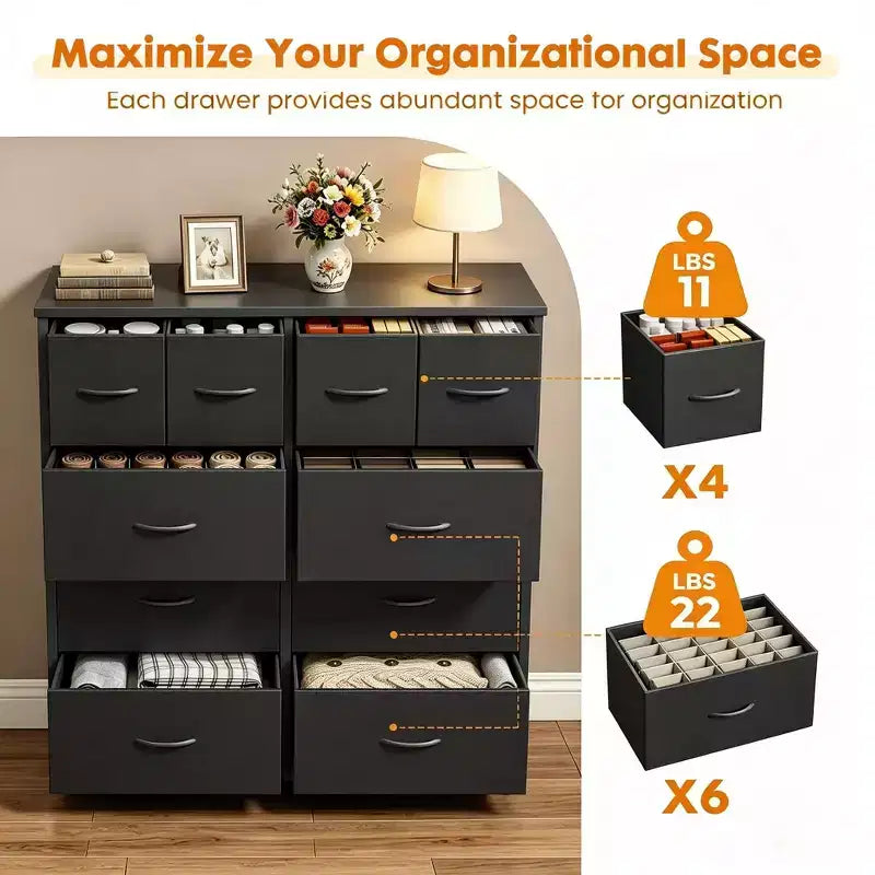 10-Drawer Storage Cabinet with Metal Frame and Adjustable Feet, Black