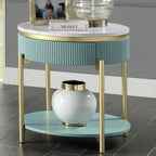 Round End Table with Faux Marble Top, Metal Frame, Storage Drawer and Open Bottom Shelf