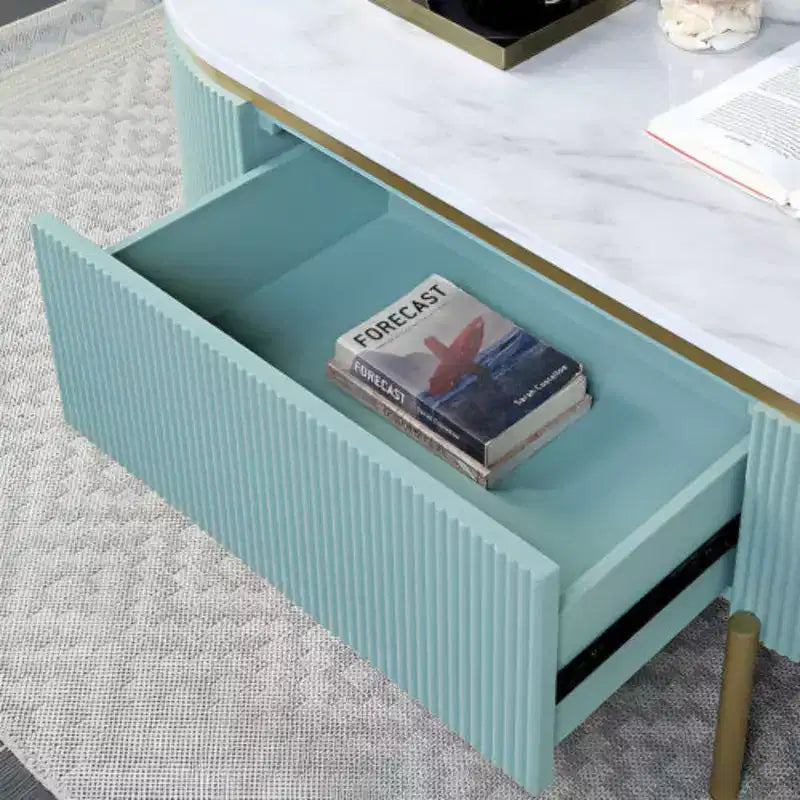 Round End Table with Faux Marble Top, Metal Frame, Storage Drawer and Open Bottom Shelf