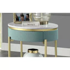 Round End Table with Faux Marble Top, Metal Frame, Storage Drawer and Open Bottom Shelf