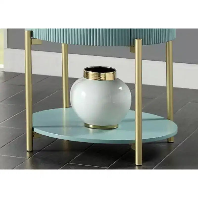 Round End Table with Faux Marble Top, Metal Frame, Storage Drawer and Open Bottom Shelf