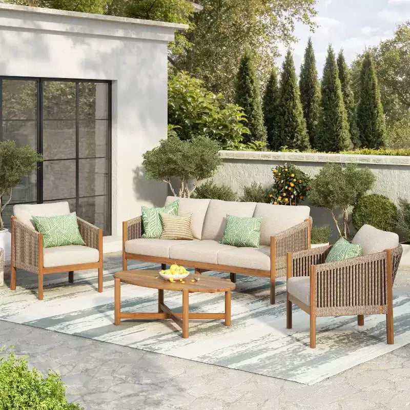 Christopher Knight Home Adewale Modern 4 Piece Patio Acacia Set with Cushion, Slatted Table and Rope Design
