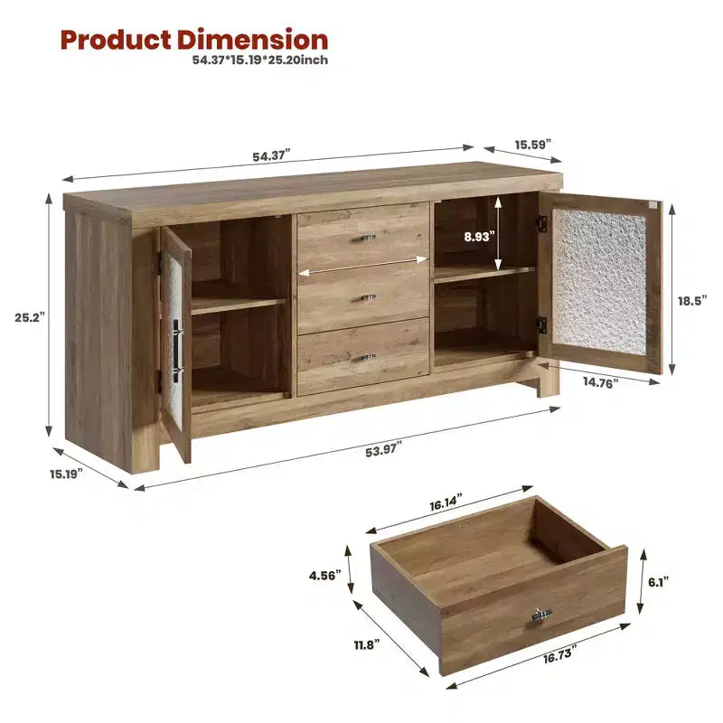 54-Inch Wood Buffet Sideboard with 2 Glass Doors and 3 Drawers