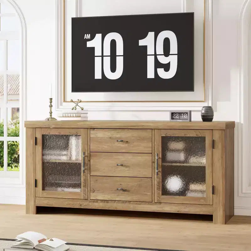 54-Inch Wood Buffet Sideboard with 2 Glass Doors and 3 Drawers