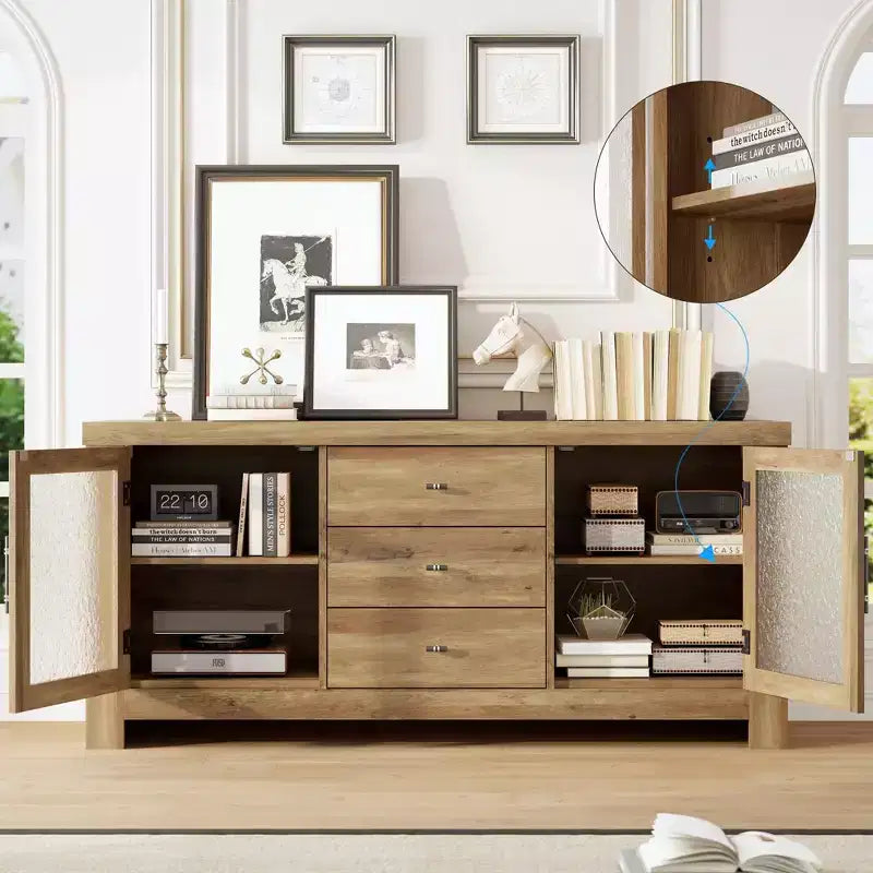 54-Inch Wood Buffet Sideboard with 2 Glass Doors and 3 Drawers