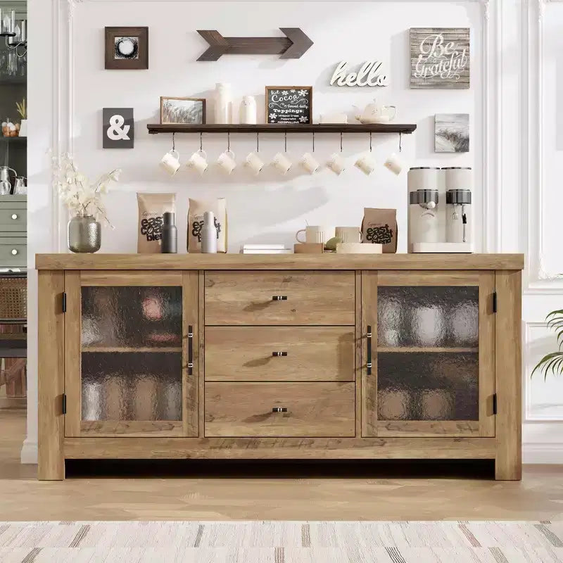 54-Inch Wood Buffet Sideboard with 2 Glass Doors and 3 Drawers