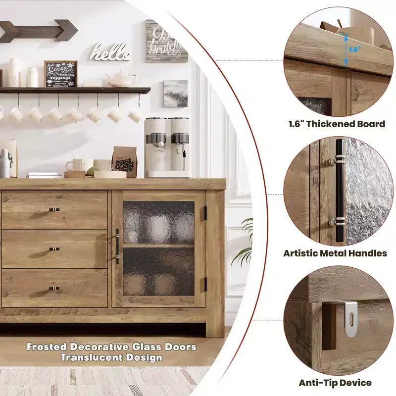 54-Inch Wood Buffet Sideboard with 2 Glass Doors and 3 Drawers