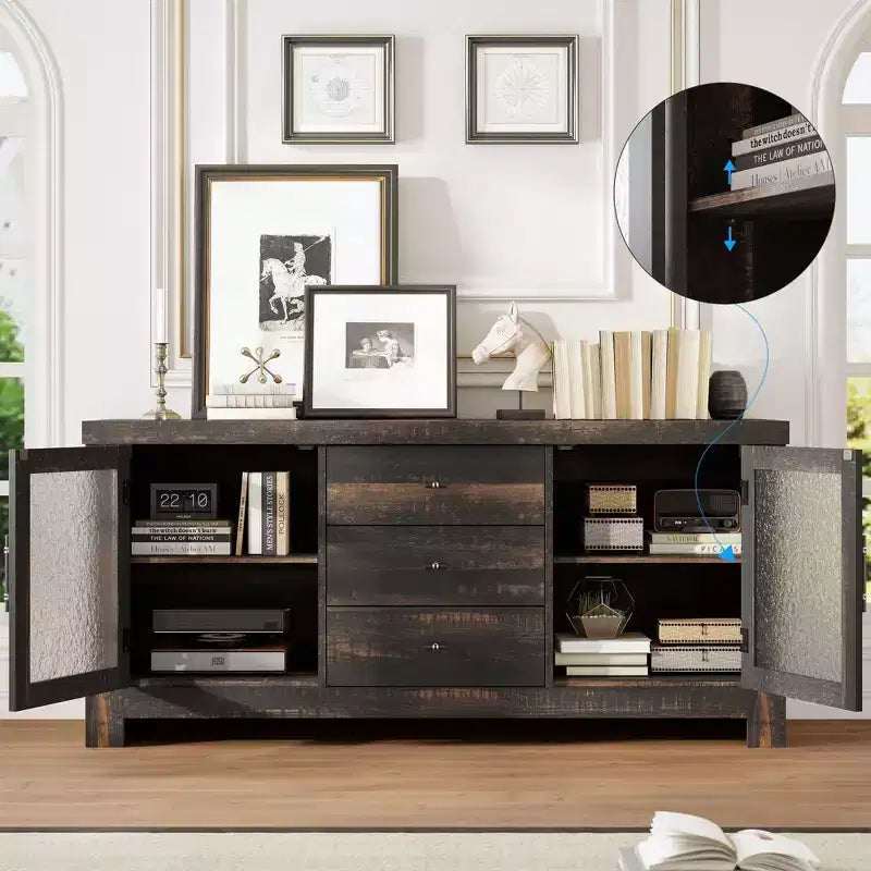 54-Inch Wood Buffet Sideboard with 2 Glass Doors and 3 Drawers