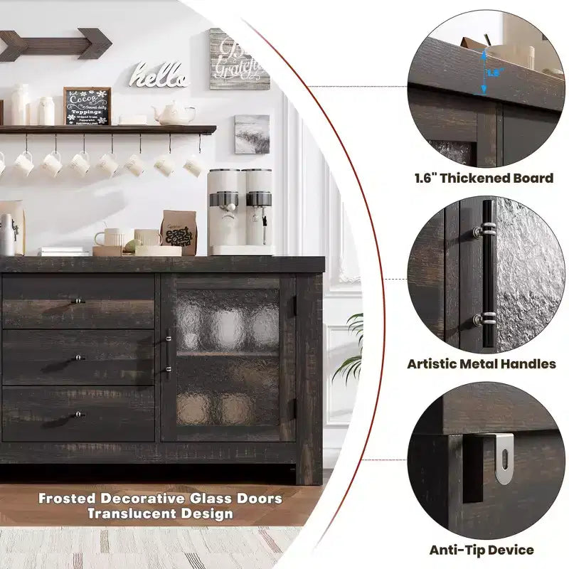 54-Inch Wood Buffet Sideboard with 2 Glass Doors and 3 Drawers