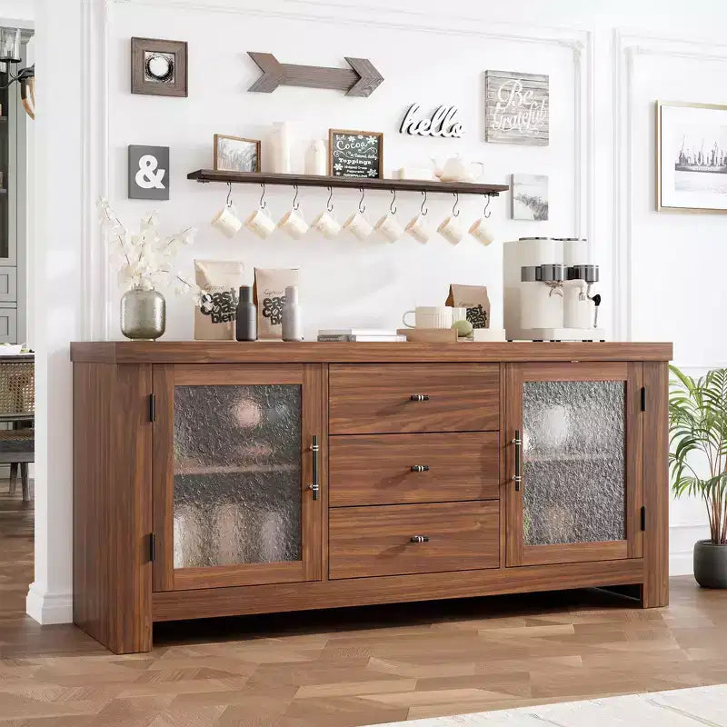 54-Inch Wood Buffet Sideboard with 2 Glass Doors and 3 Drawers