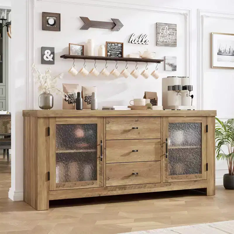 54-Inch Wood Buffet Sideboard with 2 Glass Doors and 3 Drawers