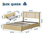 Platform Bed Frame with Rattan Headboard and 4 Storage Drawers