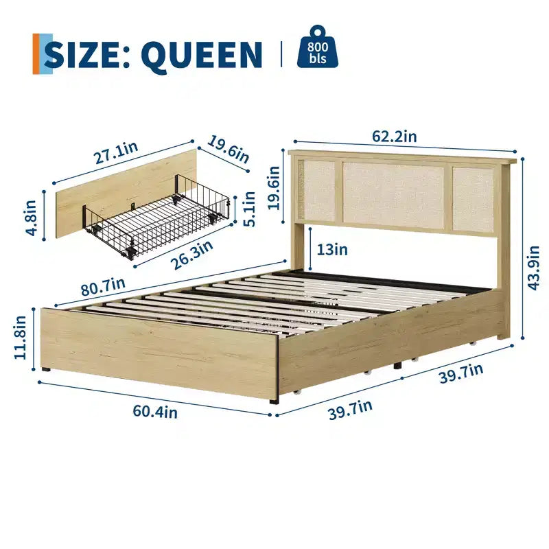 Platform Bed Frame with Rattan Headboard and 4 Storage Drawers