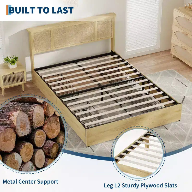 Platform Bed Frame with Rattan Headboard and 4 Storage Drawers