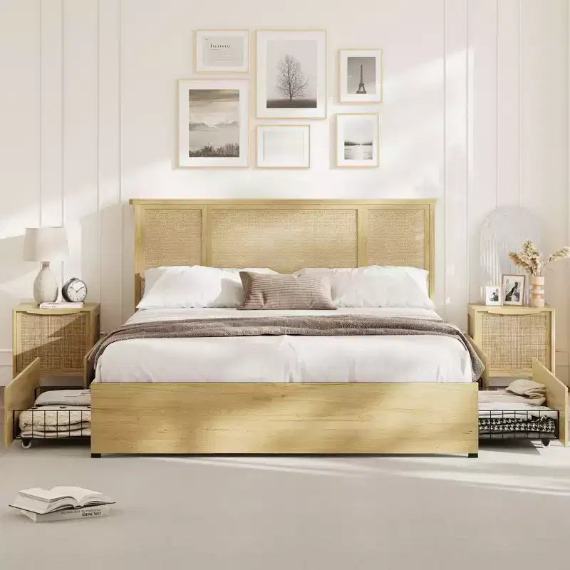 Platform Bed Frame with Rattan Headboard and 4 Storage Drawers