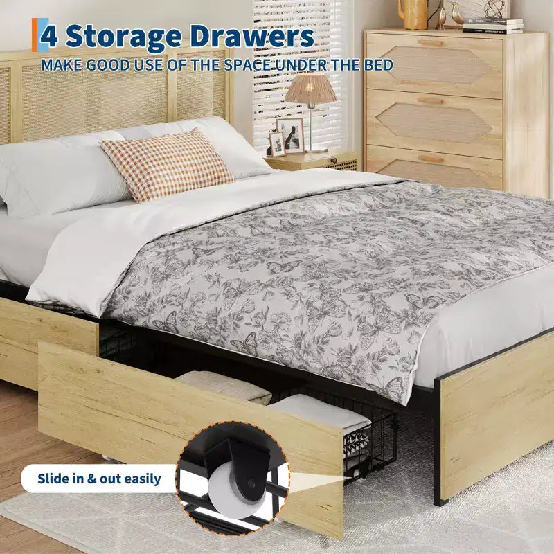 Platform Bed Frame with Rattan Headboard and 4 Storage Drawers