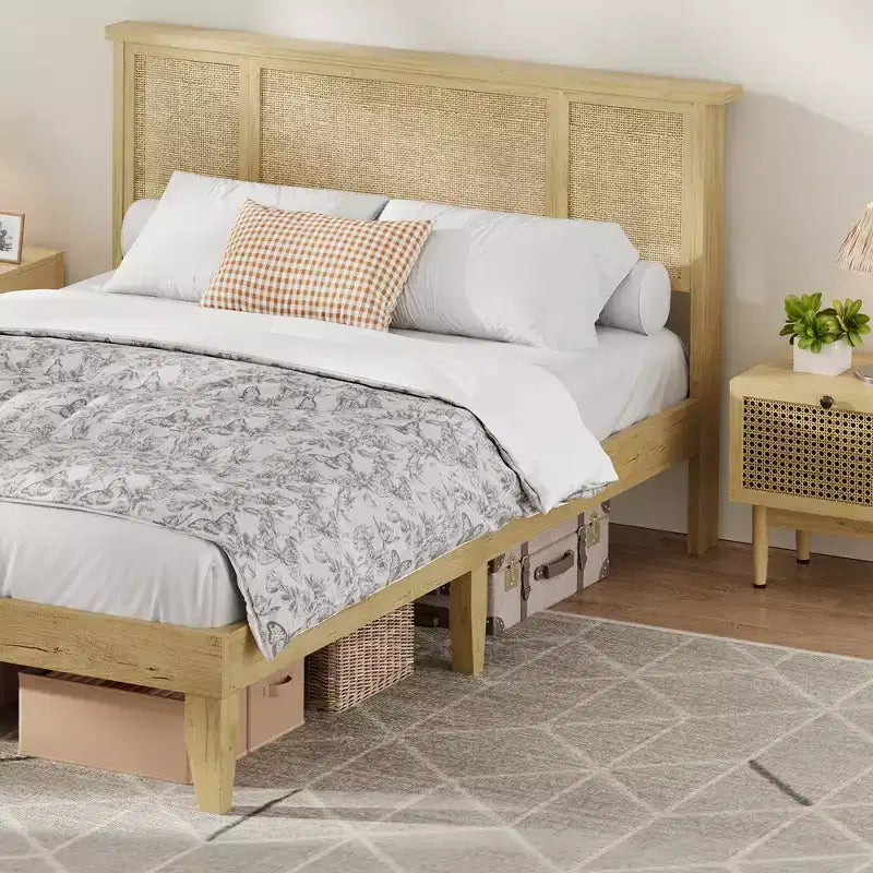 Platform Bed Frame with Rattan Headboard and 4 Storage Drawers