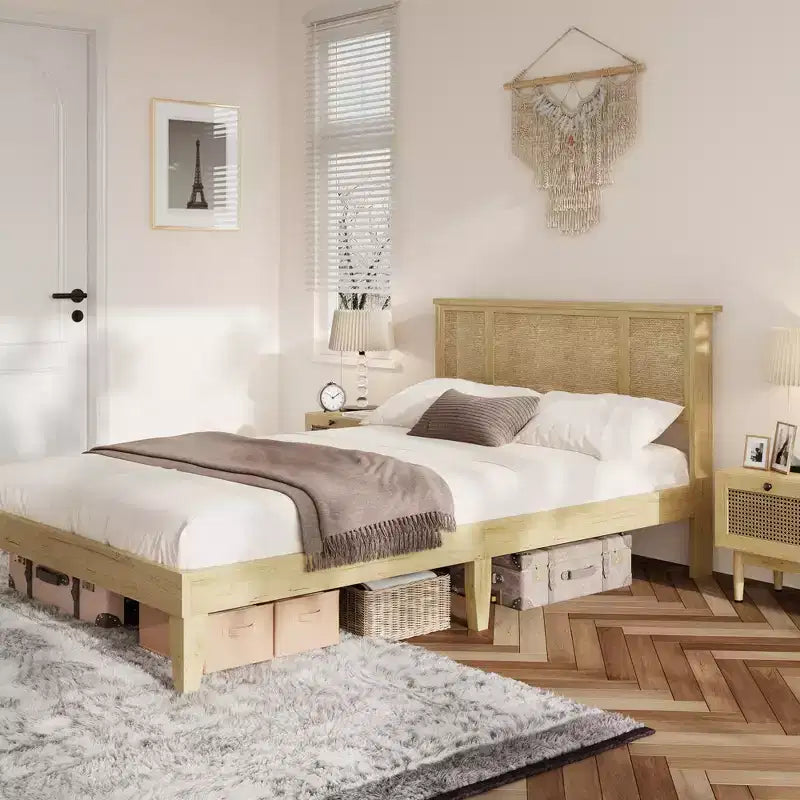 Platform Bed Frame with Rattan Headboard and 4 Storage Drawers