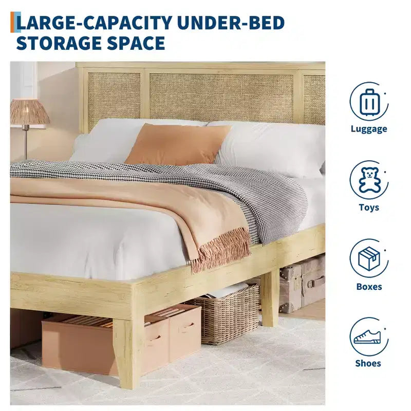 Platform Bed Frame with Rattan Headboard and 4 Storage Drawers