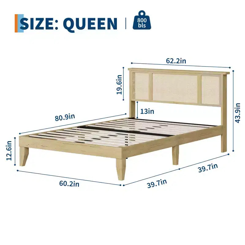 Platform Bed Frame with Rattan Headboard and 4 Storage Drawers