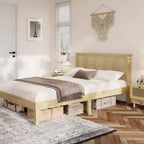 Platform Bed Frame with Rattan Headboard and 4 Storage Drawers