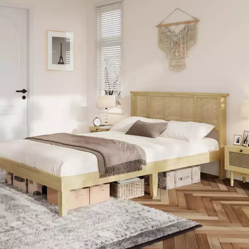 Platform Bed Frame with Rattan Headboard and 4 Storage Drawers