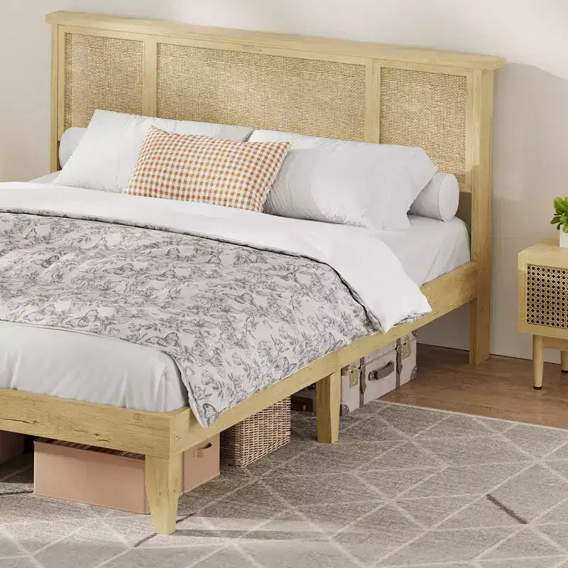 Platform Bed Frame with Rattan Headboard and 4 Storage Drawers