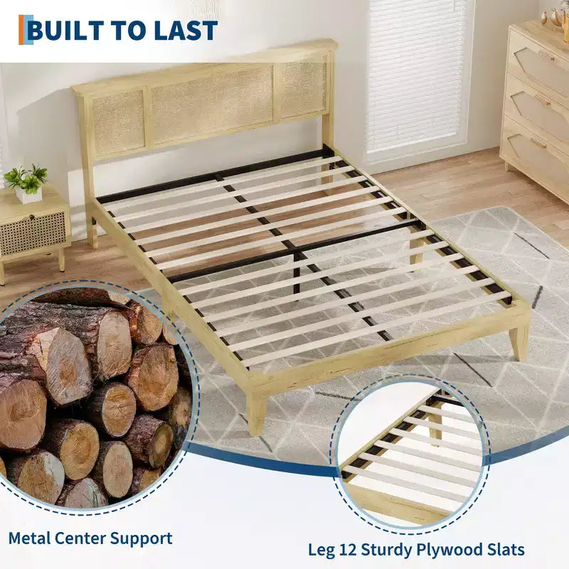 Platform Bed Frame with Rattan Headboard and 4 Storage Drawers