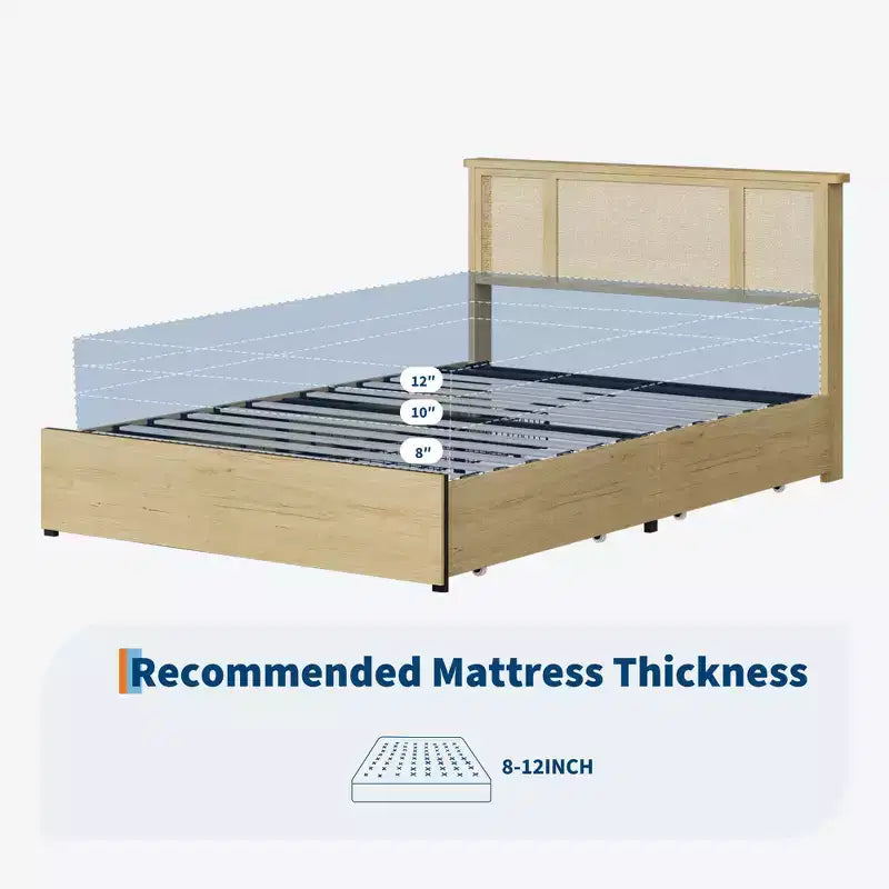 Platform Bed Frame with Rattan Headboard and 4 Storage Drawers