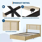 Platform Bed Frame with Rattan Headboard and 4 Storage Drawers