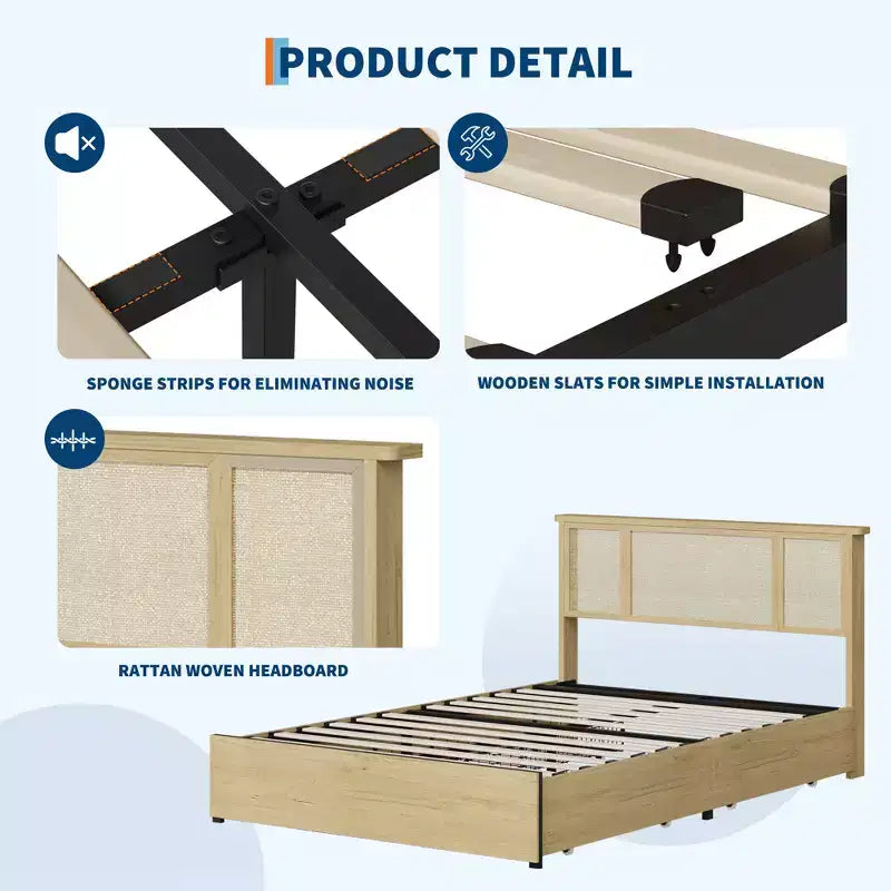 Platform Bed Frame with Rattan Headboard and 4 Storage Drawers