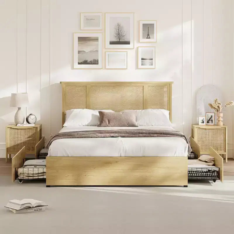 Platform Bed Frame with Rattan Headboard and 4 Storage Drawers