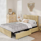 Platform Bed Frame with Rattan Headboard and 4 Storage Drawers