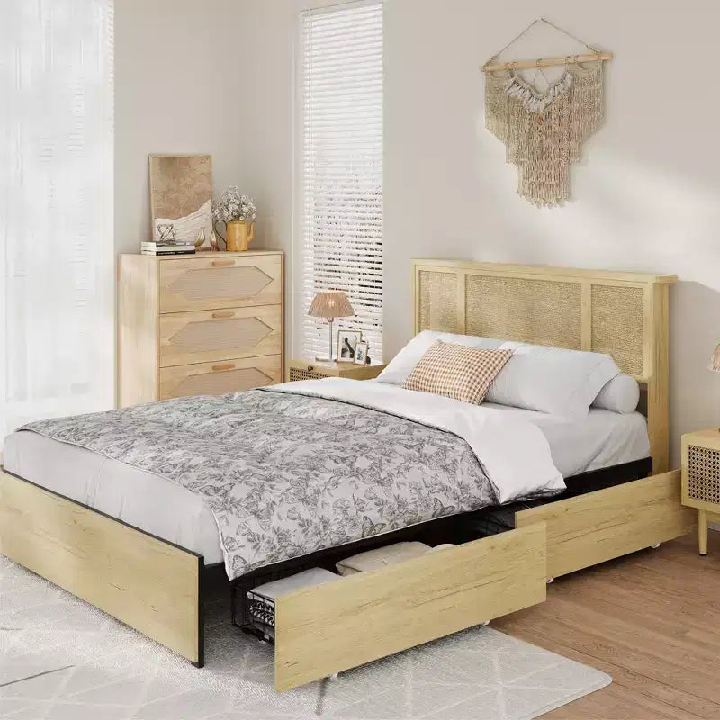 Platform Bed Frame with Rattan Headboard and 4 Storage Drawers